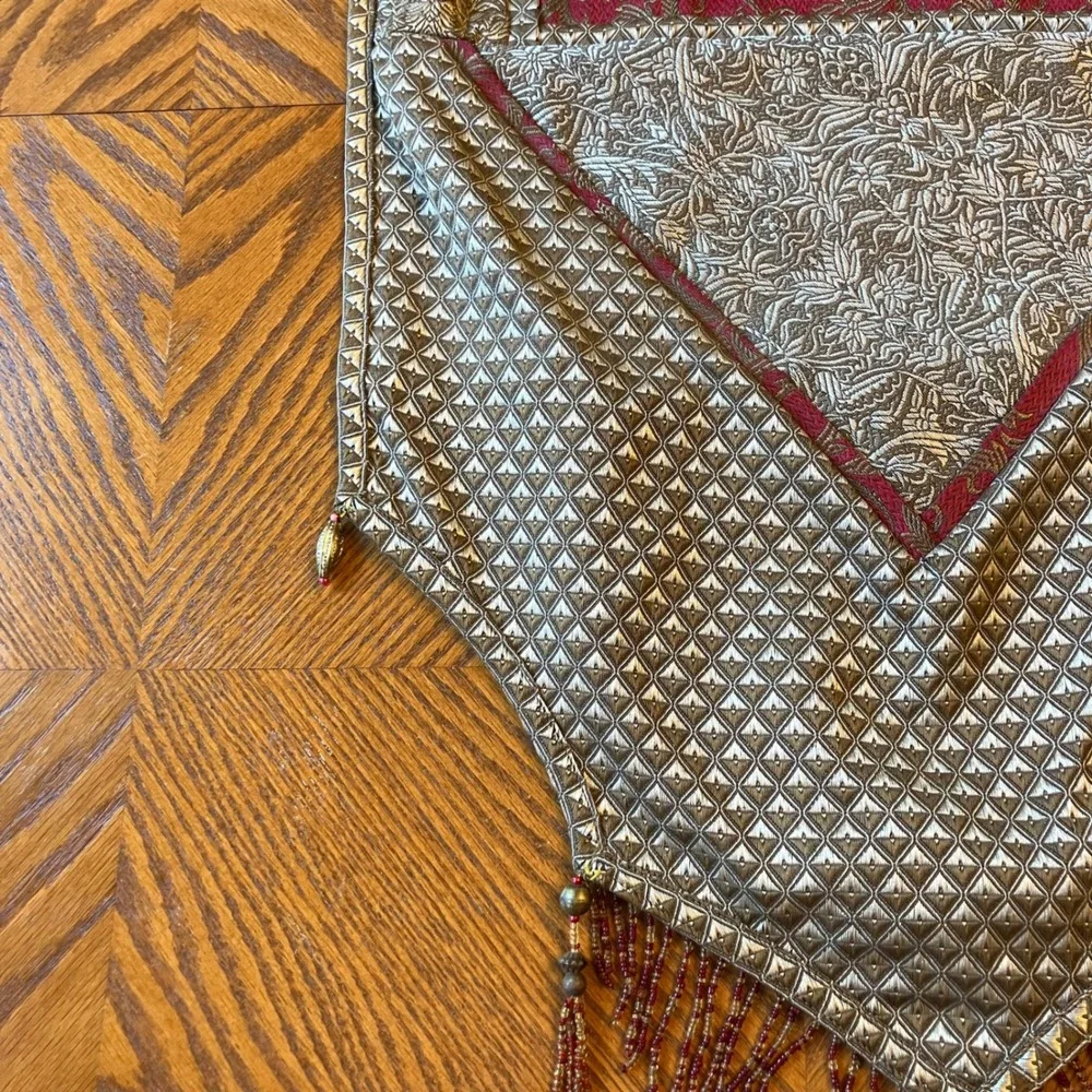 Classic Table Runner Red Gold Beaded Tassel Floral Brocade Castle Royalcore Luxe